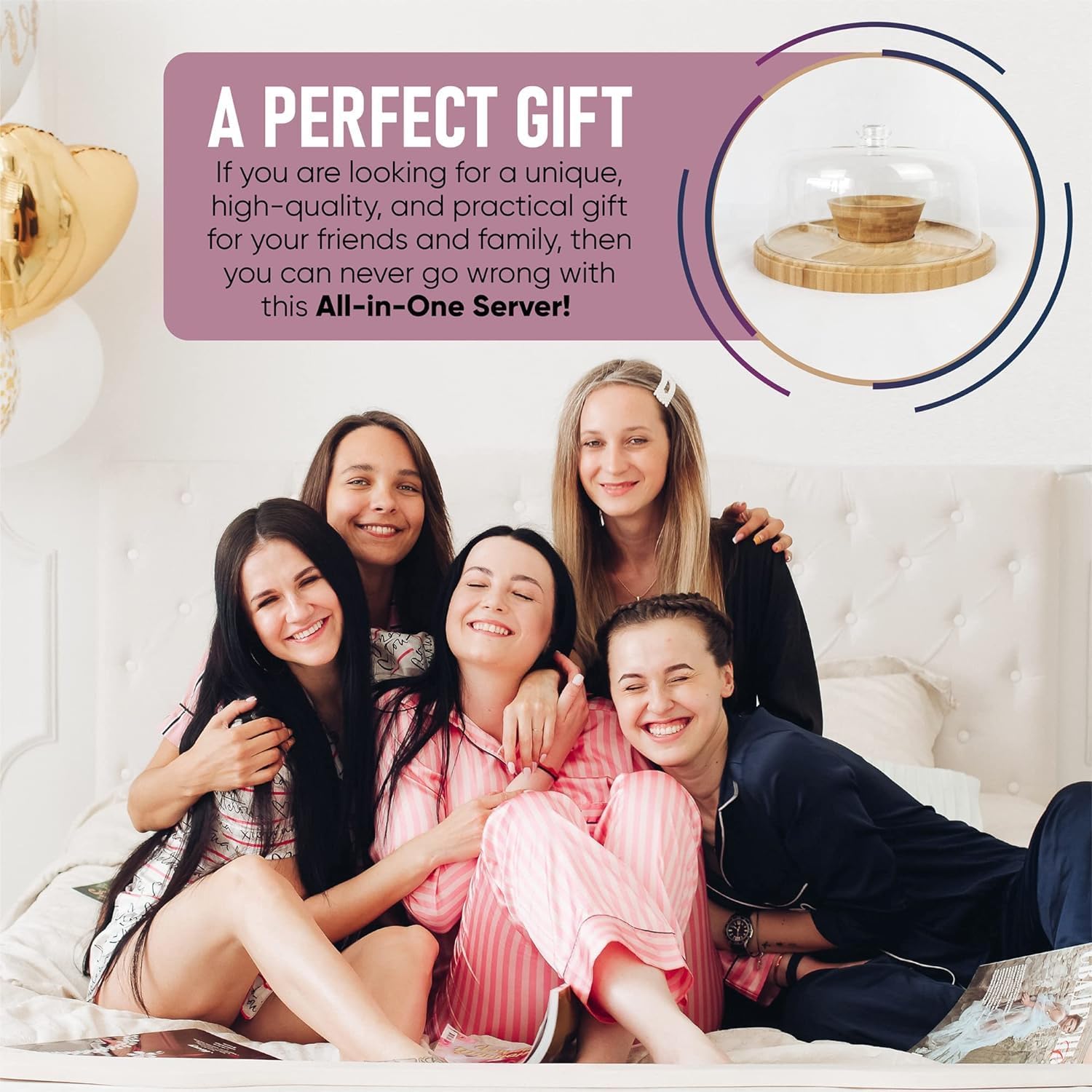 Bamboo Cake Stand with Dome Multi Function 6 in 1 Cake Holder Serving Platter, (30cm) Round Veggie Stand and Salad Bowl, Decorative Display Cake Stand with Lid