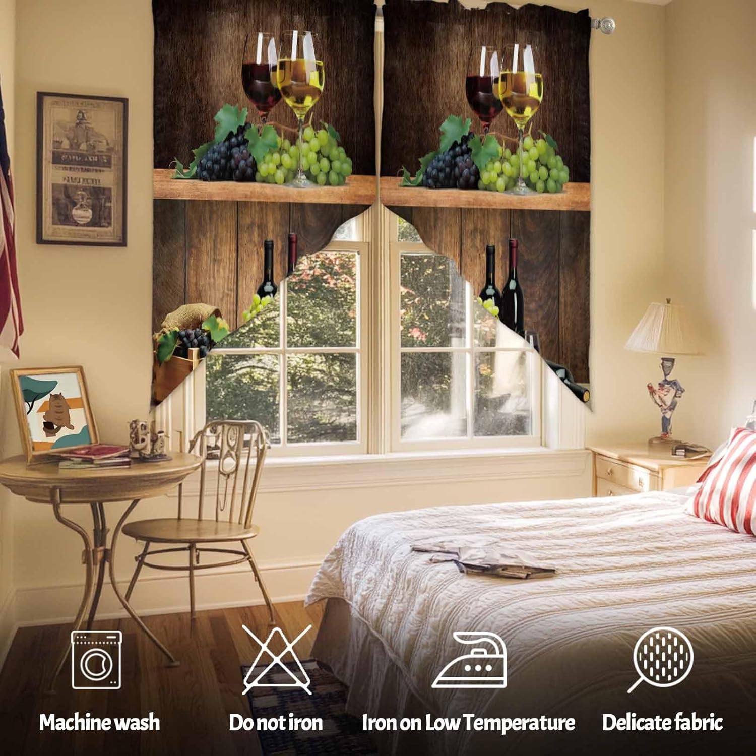 Farm Grape Wine Glass Swag Curtain,Fruits Kitchen Valances Rod Pocket Curtains Barrel Retro Wood Board Tier Pair Swag Topper,Rustic Window Treatment for Bathroom Living Room Bedroom
