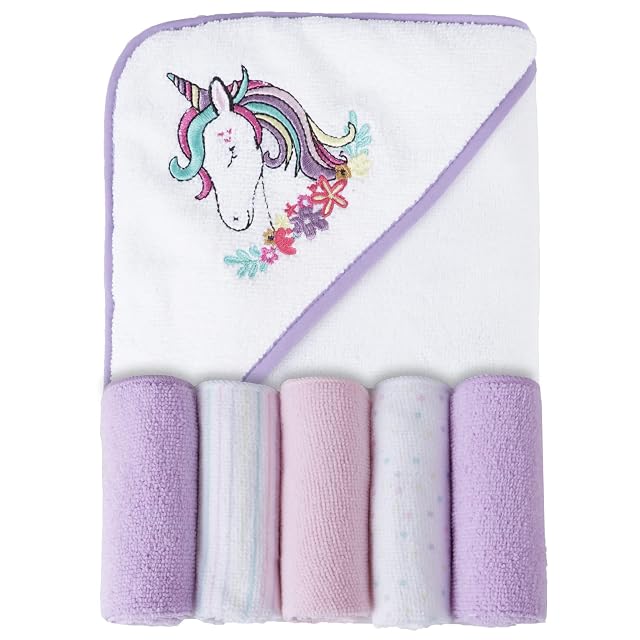 Viviland Baby Towels and Washcloths Soft Absorbent Purple Baby Bath Towel Set Unicorn Hooded Towels with 5 Infant