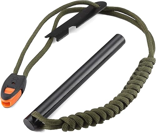 FOSTAR Varilla de ferrocerio de emergencia resistente a la intemperie de 5 pulgadas, con silbato, multiherramienta de acero, mango de cordón de