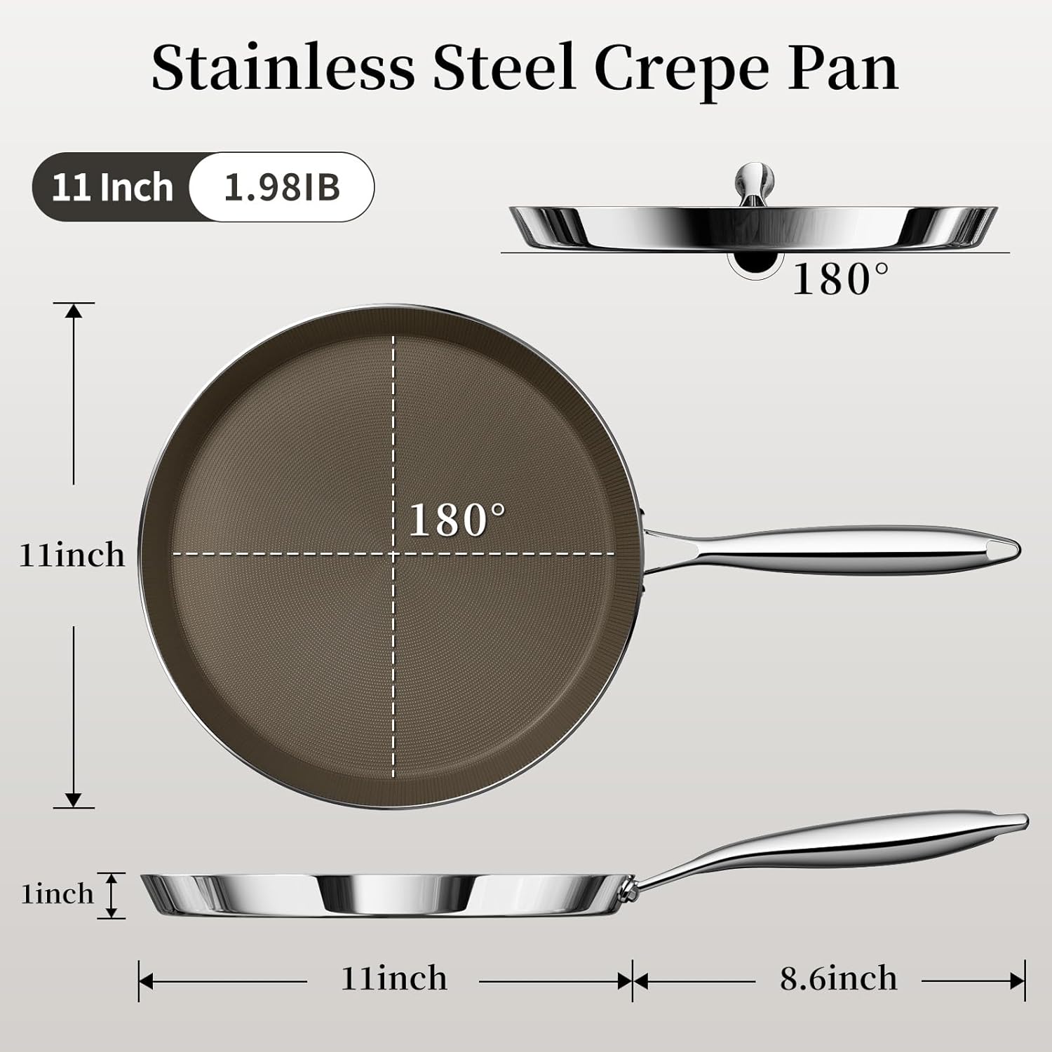 11 Inch Stainless Steel Crepe Pan - Titanium Ceramic Nonstick Crepe Pan, Stainless Steel Pancake Pan, Non Stick Flat Skillet Tawa Dosa Tortilla Griddle Pan, Induction Compatible, PFOA&PFAS Free - Image 8