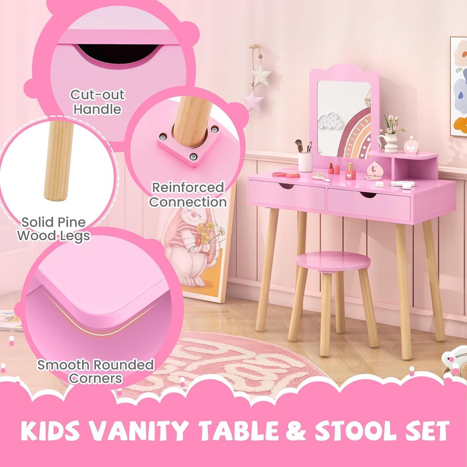 KOTEK Kids Vanity with Mirror and Stool, Princess Makeup Vanity Dressing Table with Detachable Top, 2 Large Drawers, Solid Wood Legs, Pretend Play Vanity Table Set for Little Girls (Pink)