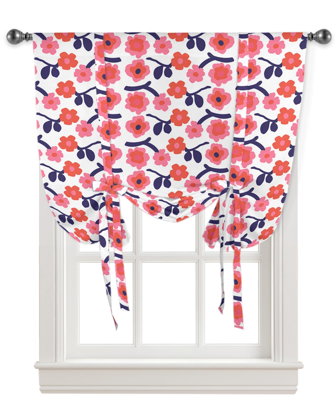 Yukro Tie Up Curtains Window Shades, Lovely Pink Flower Navy Blue Branch Leaves Rod Pocket Tie Up Window Shade, Adjustable Balloon Curtain Shade for Blinds Kitchen Bathroom, 1 Panel, 46