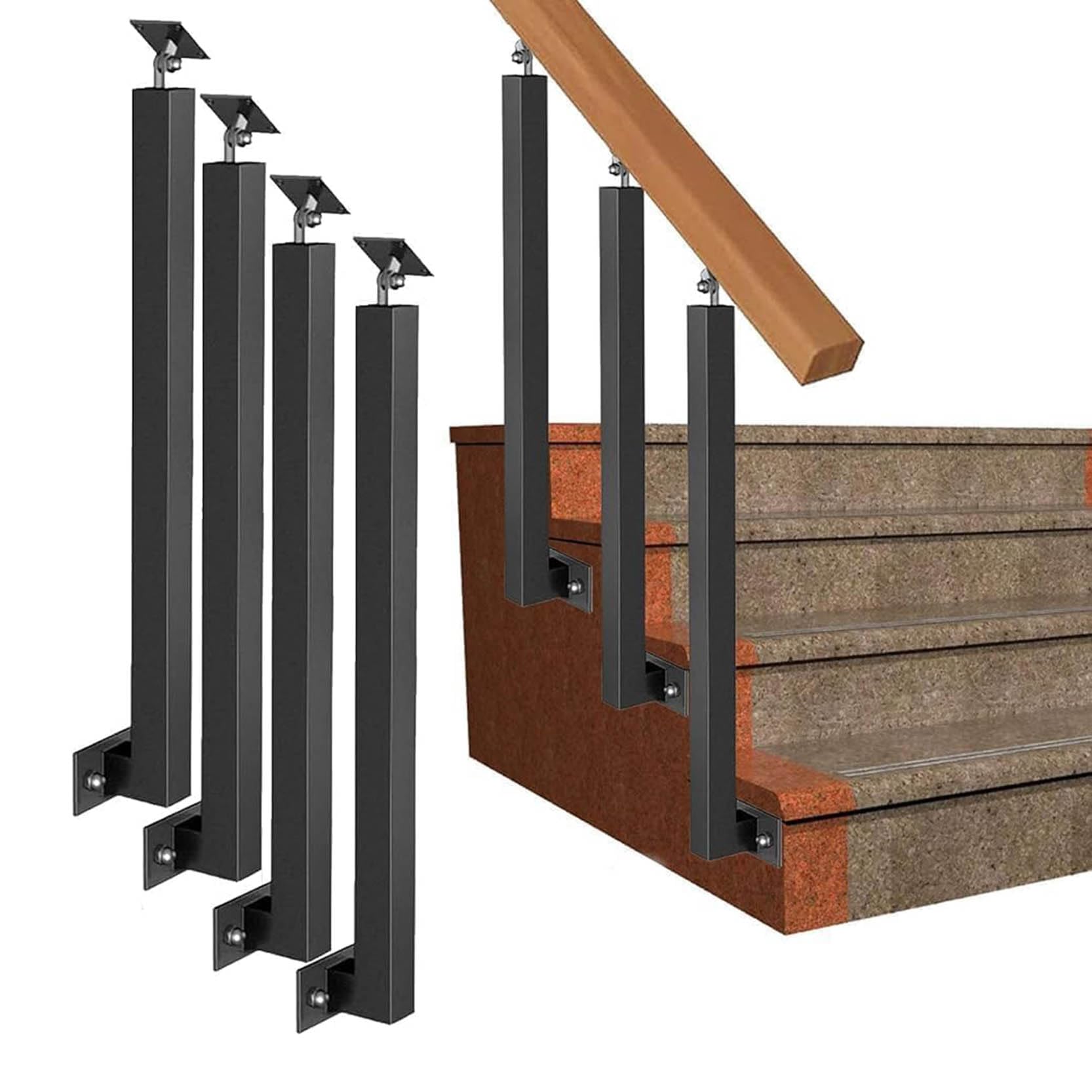 270°Adjustable Metal Railing Spindles,Black Iron Banister Posts with Flat Bracket Base,Square Stair Baluster Posts for Deck,Balcony,Stair,Decor Railing(Size:2.95ft/90cm,Color:4 Pack Side Mount)