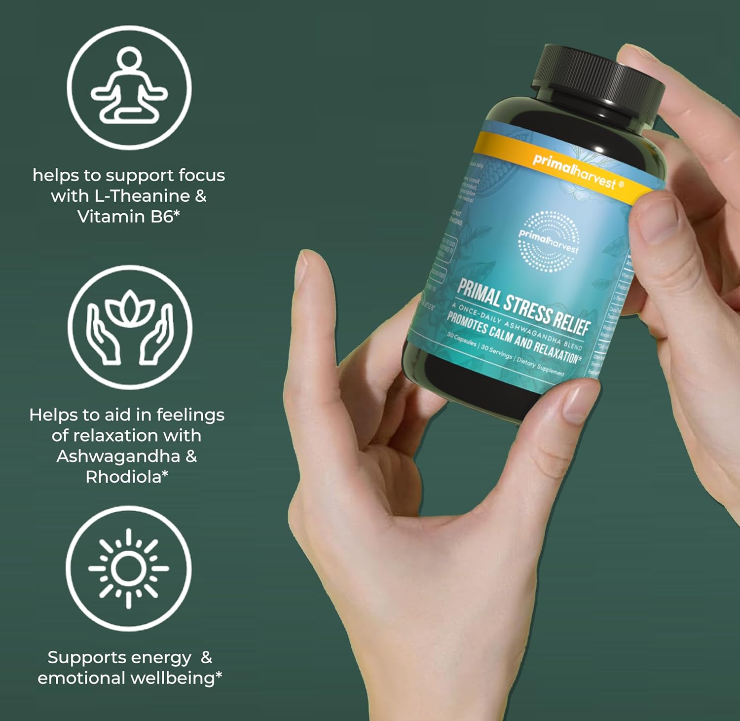 Primal Harvest Stress Relief Supplement for Women and Men Pure Ashwagandha Root Extract, L-Theanine Supplements, 30 Capsules - Image 6