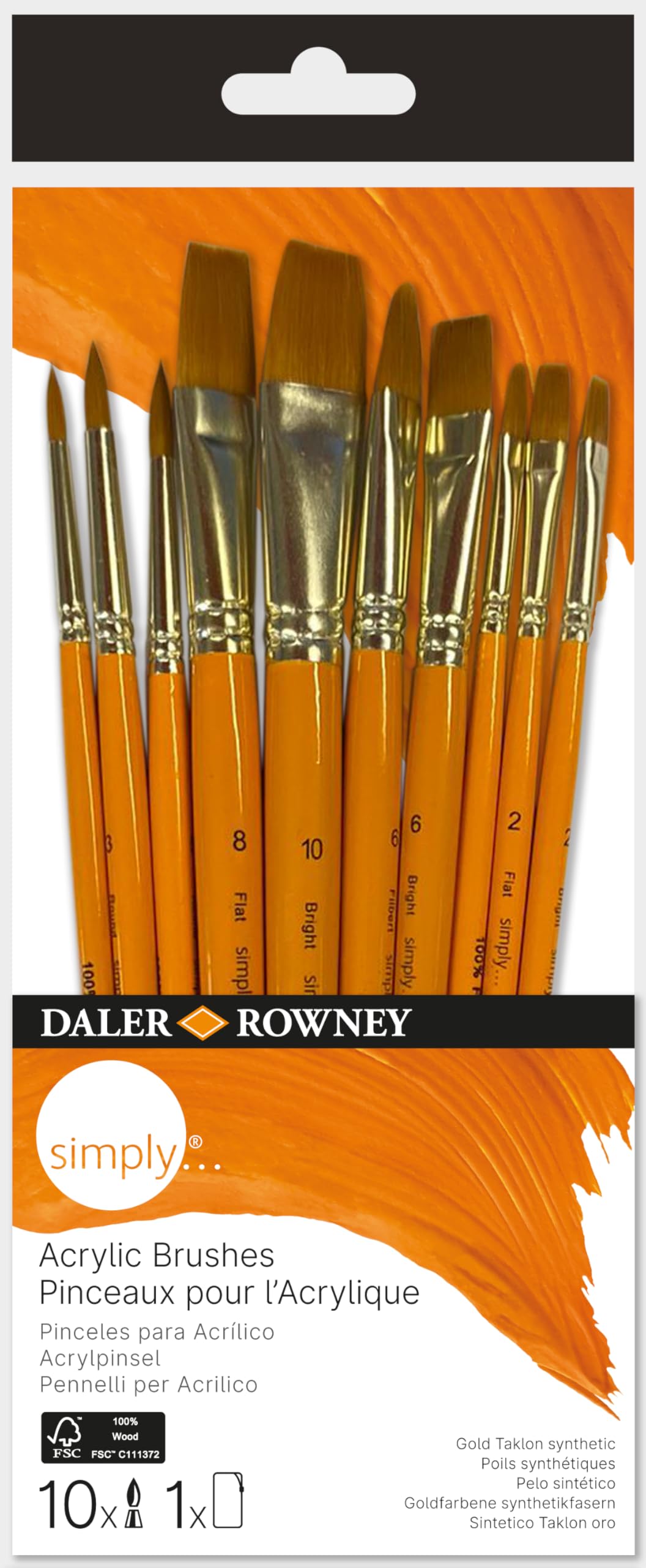 Daler-Rowney Simply Gold Taklon Synthetic Hair Acrylic Brush Set with Short Handles, 10 Assorted Brushes, For Entry-Level Artists & Hobbyists