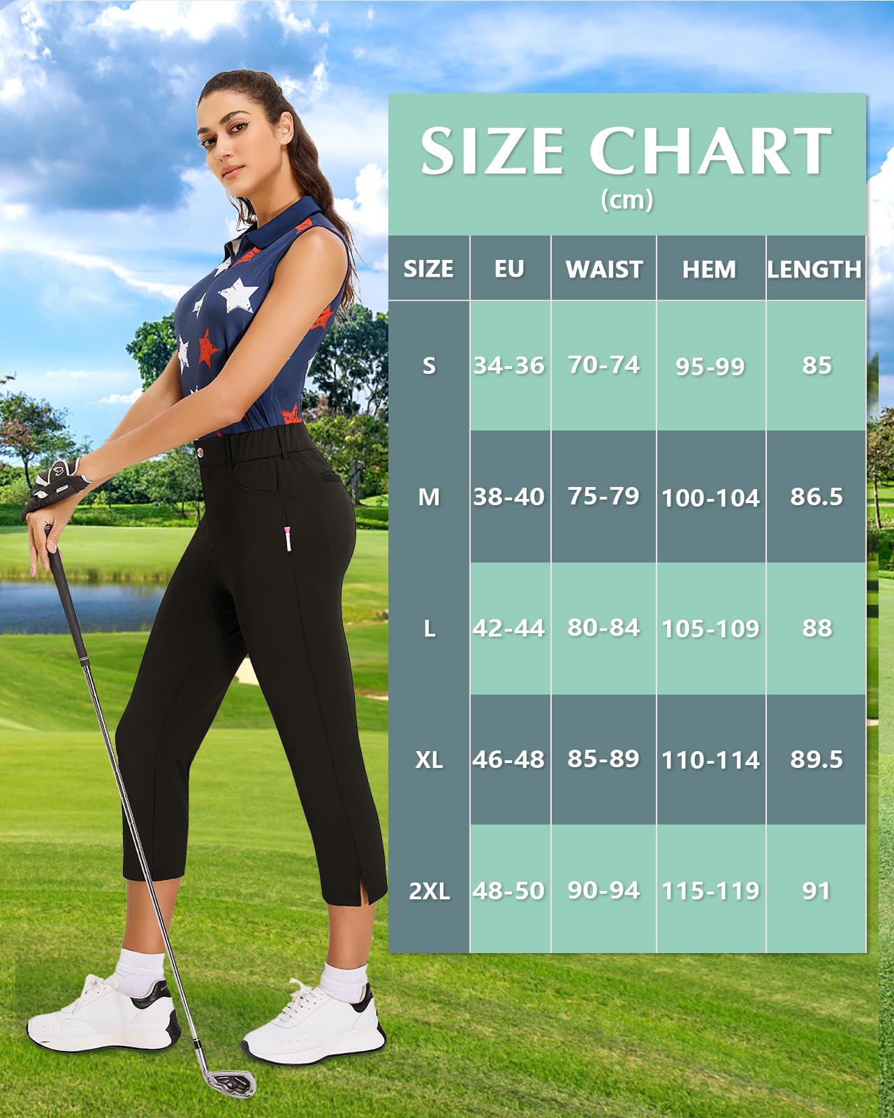 Pantalones de Golf para Mujer 7/8 elásticos con Cremallera Derecha Trabillas para cinturón Pantalones de Golf, Pantalones Piratas Ligeros para Deportes, Viajes, Trabajo