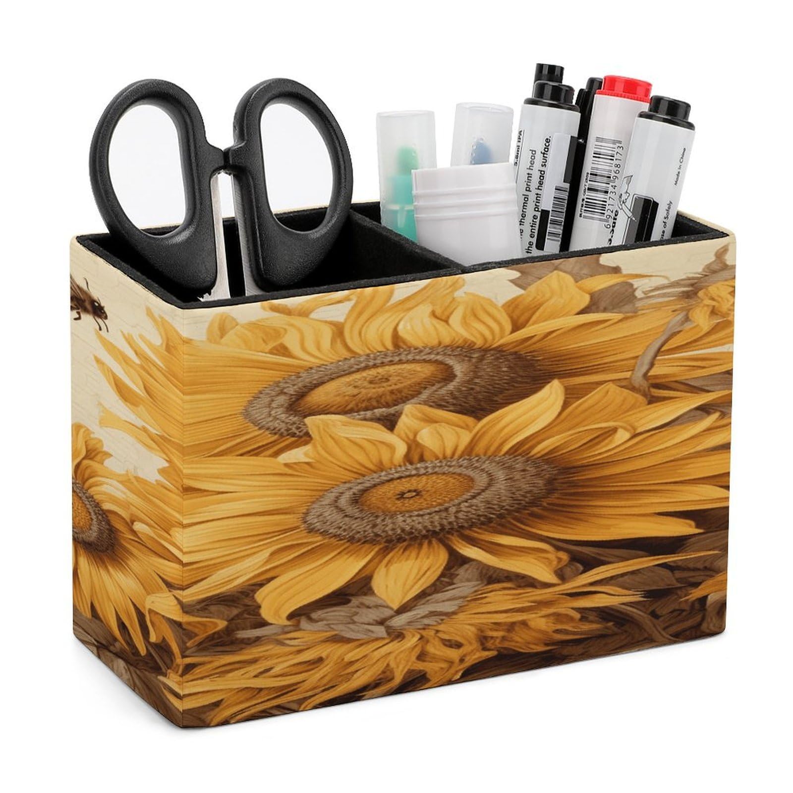 VstaDank Bees And Sunflowers on Old Paper Pencil Holder for Desk Organizer 2 Compartments Pen Cup Leather Square Pen Holder Pencil Cup Stand Makeup Brush Holders for Desktop Organizer Storage Case
