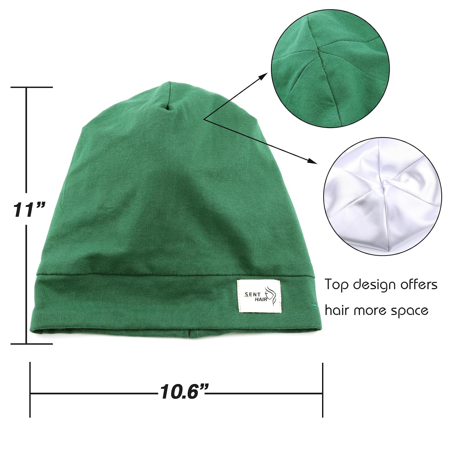 Kids Cotton Sleep Cap - Satn Lined Bamboo Cotton Bonnet with Adjustable Stretch Band for Sleeping - Soft Hair Cover for Girls with Curly Hair, Braids & Bedtime, 1 Pack Dark Green