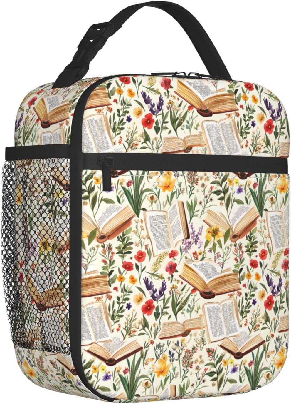 Retro Book Lunch Box for Kids,Flower Insulated Bag for Student,Library Reusable Thermal Insulation Cooler Tote Bags for School Work Picnic Camping Outdoor Gifts (Vintage Books and Floral) - Image 2