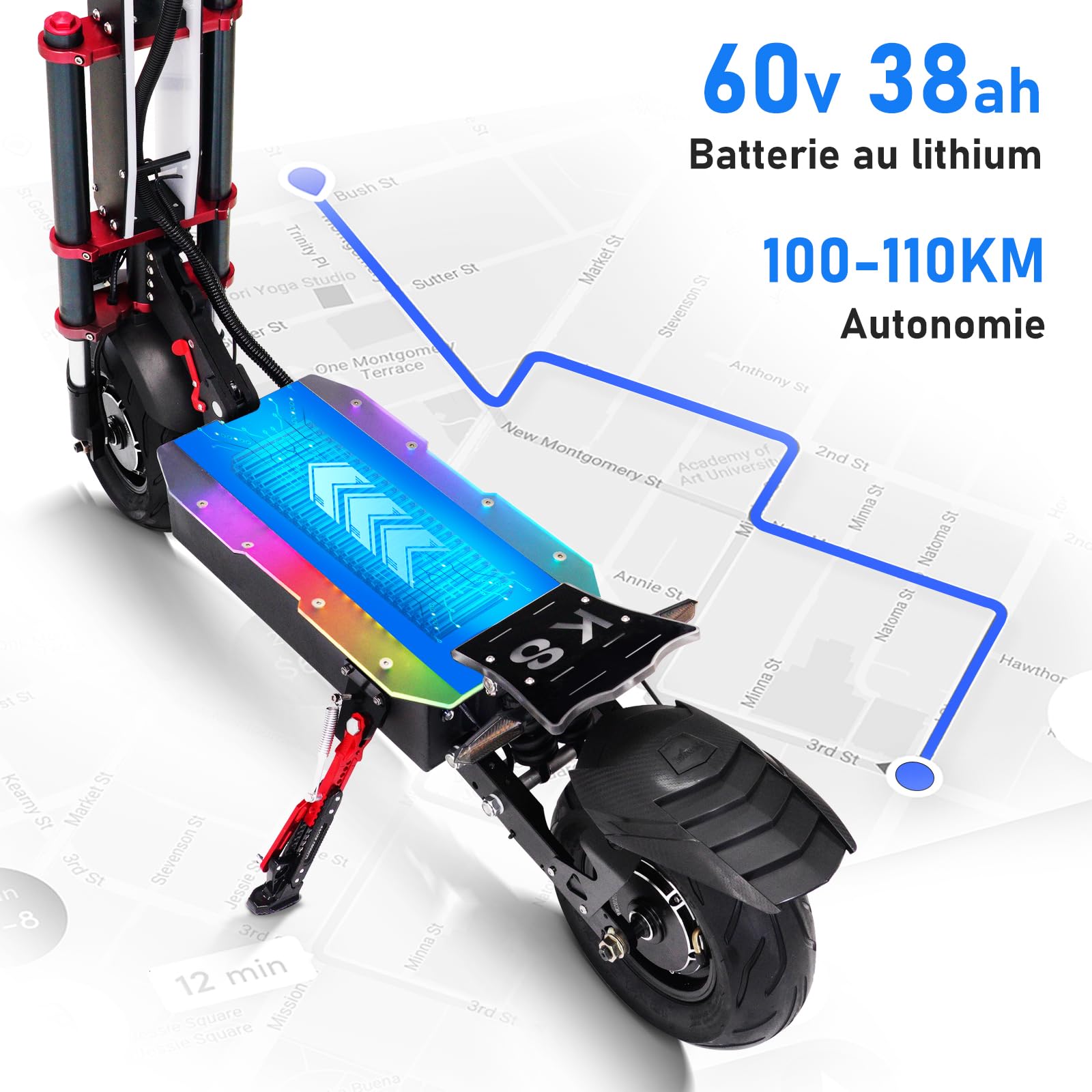 Scooter électrique Adulte Lohang, Double Moteurs, Batterie au Lithium 60V 38AH, autonomie de 100 km, pneus 12 Pouces, Suspension complète, Scooter électrique Rapide, Charge maximale 250 kg.