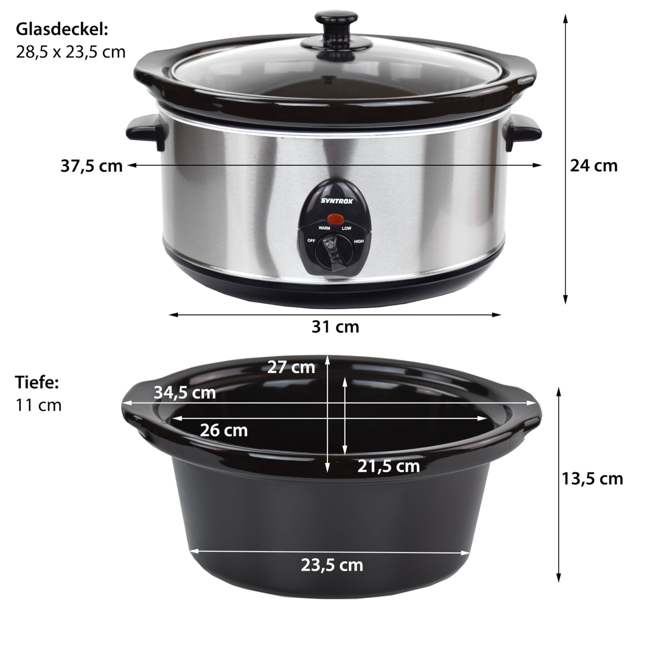 Syntrox Germany 4,5 l Slow Cooker | Schmortopf | Schongarer | Multikocher Delixas, Keramik Servierschüssel, Geschirrspüler geeignet, Mikrowellengeeignet, rutschsichere Standfüße