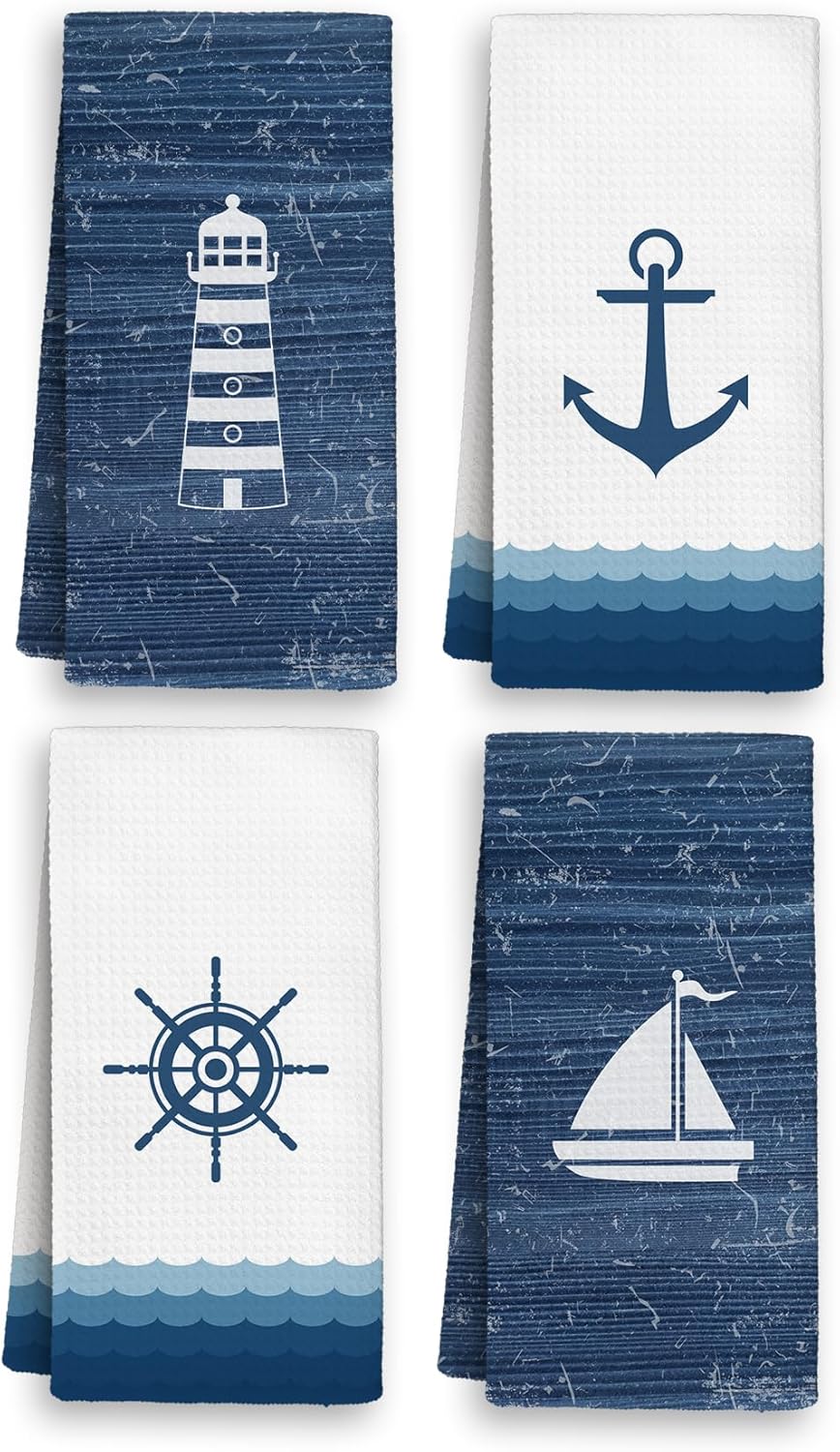 Navy Blue Nautical Kitchen Towels, Nautical Coastal Hand Dish Towels Decor, Vintage Lighthouse Sailboat Anchor Boat Wheel Tea Towel for Kitchen Bathroom Decorative, 16x24 Inch Set of 4