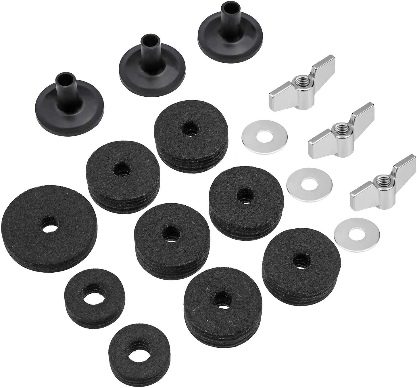 Cymbal Replacement Accessories Cymbal Felts Hi-Hat Clutch Felt Hi Hat Cup Felt Cymbal Sleeves with Base Wing Nuts and Cymbal Washer for Drum Set 18 Pieces (Black)