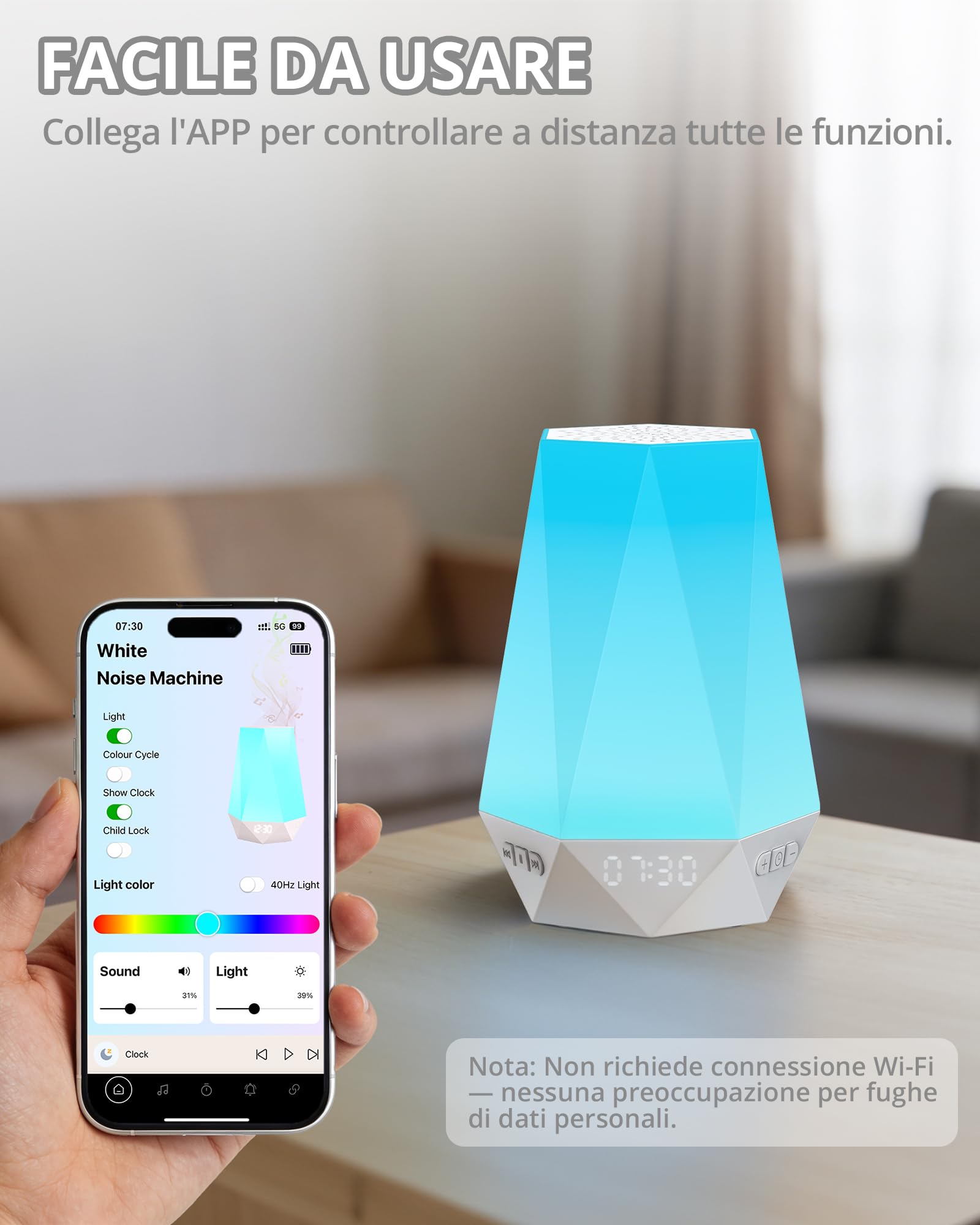 HOMGEN 3 IN 1 Macchina del Rumore Bianco + Sveglia per Bambini + Luce Notturna con 34 Suoni Rilassanti Rumore Bianco Neonato Supporta Controllo Tramite App Trainer del Sonno con Luce Notturna