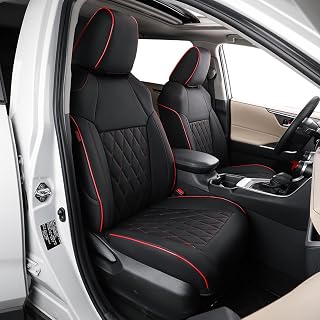 EKR RAV4 Autositzbezüge für ausgewählte Toyota RAV4 2019 2020 2021 2022 2023 2024 2025 LE,XLE,XLE Premium, Limited, komplettes Set, Leder (Schwarz mit roter Paspelierung)