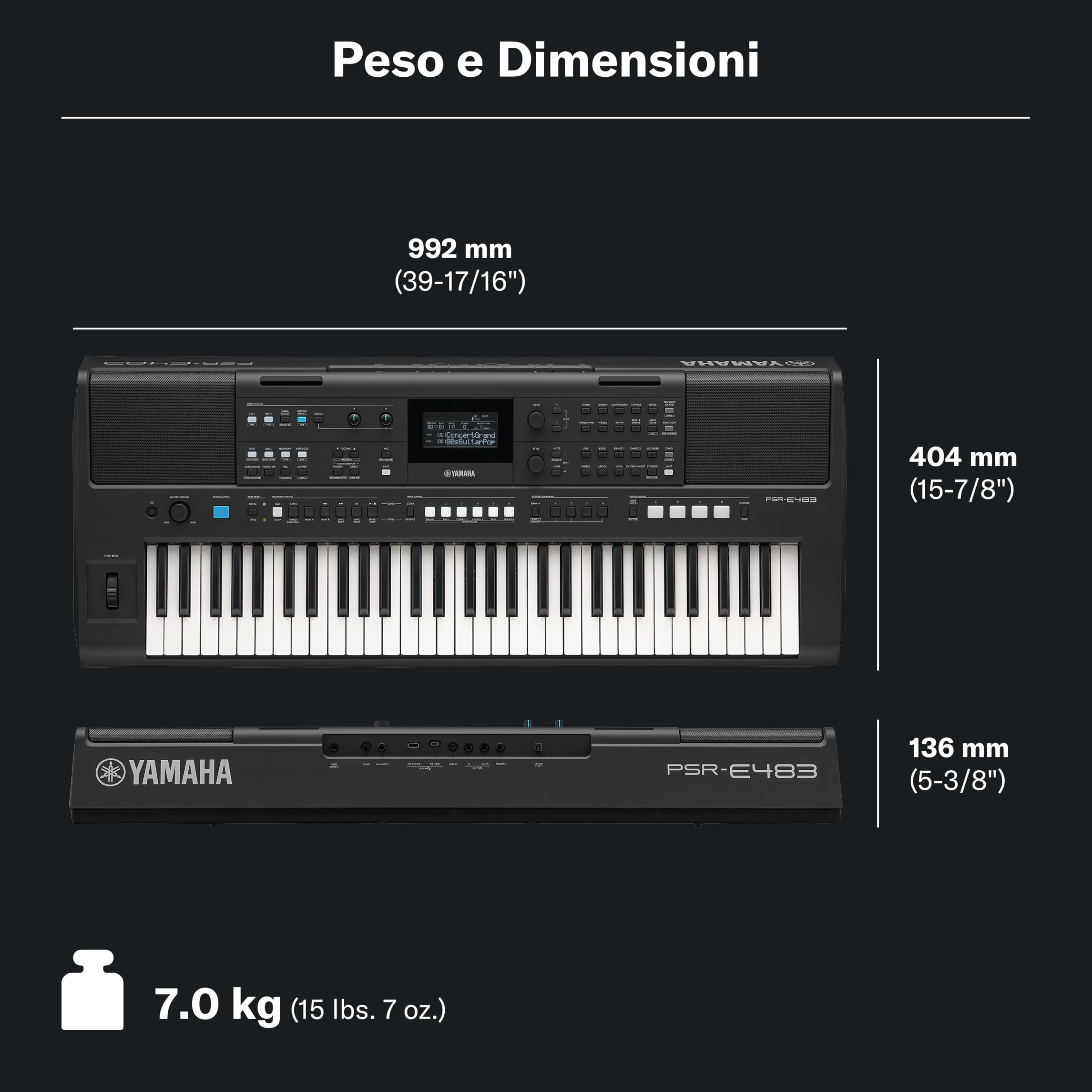 YAMAHA PSR-E483 Tastiera – Tastiera Portatile Moderna con 61 Tasti Sensibili al Tocco, 860 Voci con 15 Super Articulation Lite, 345 Stili, Speaker Potenti e USB-C – Nero