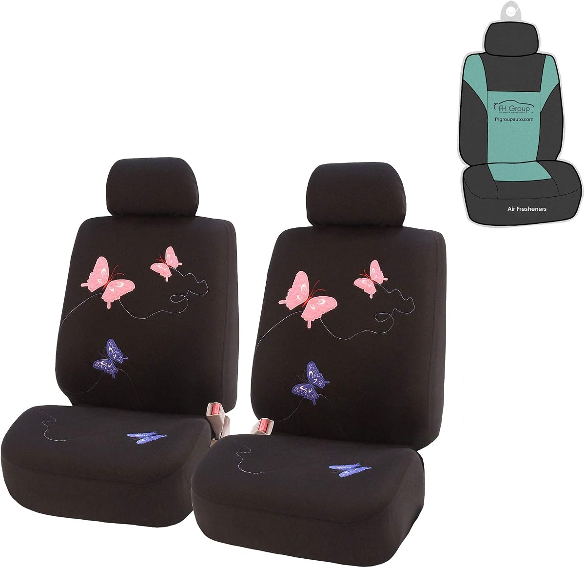 FH Group Fundas para asientos de coche con bordado de mariposas, juego delantero con regalo, ajuste universal para coches, camiones y SUV (negro) FB055102