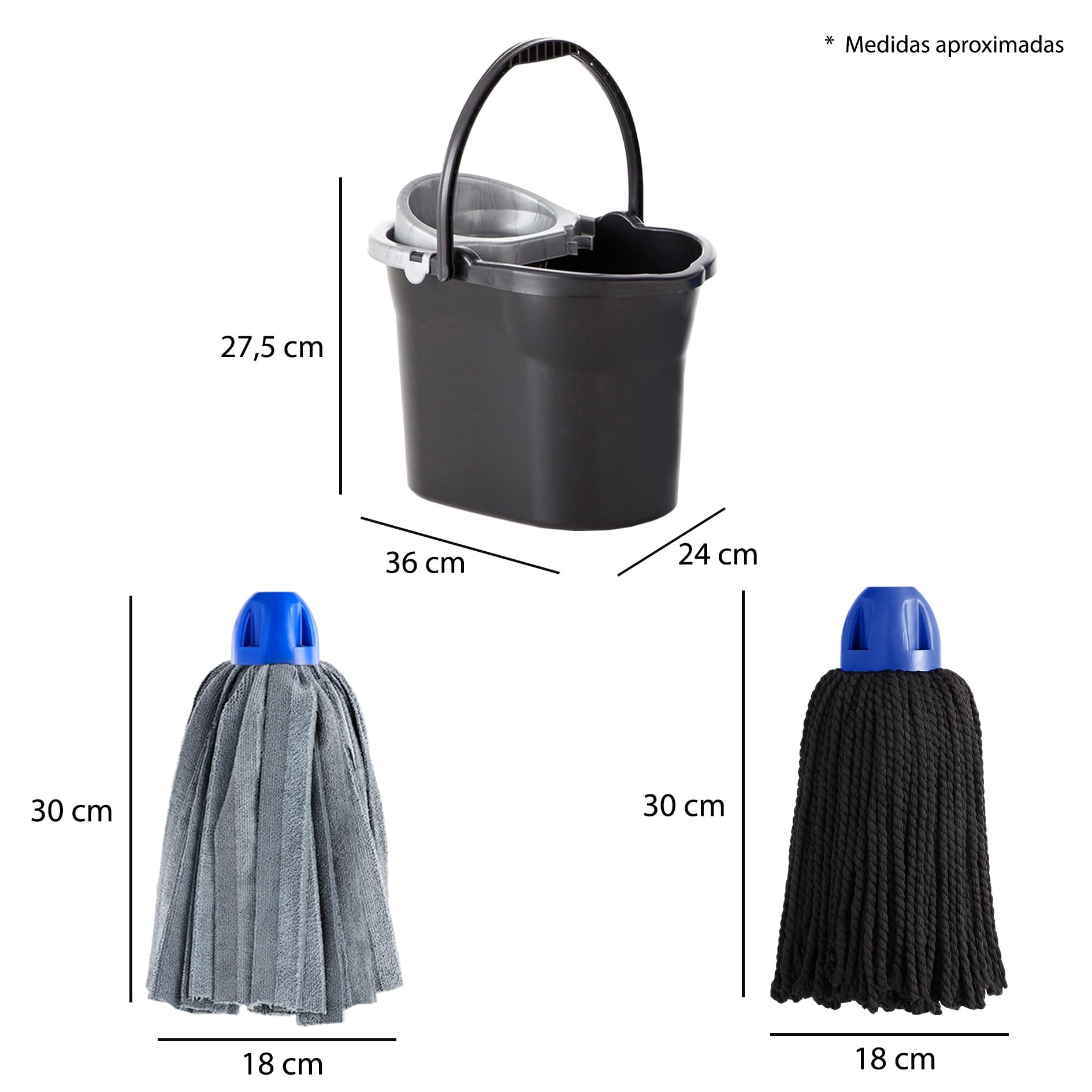 Maya - Kit de Limpieza del Hogar 11 en 1 | Escoba de Goma, Cubo con Escurridor 10L, Palos Desmontables con 4 Secciones, Fregonas MAX Pro, Estropajos de Cocina y Bayetas de Microfibra y CHEFPRO