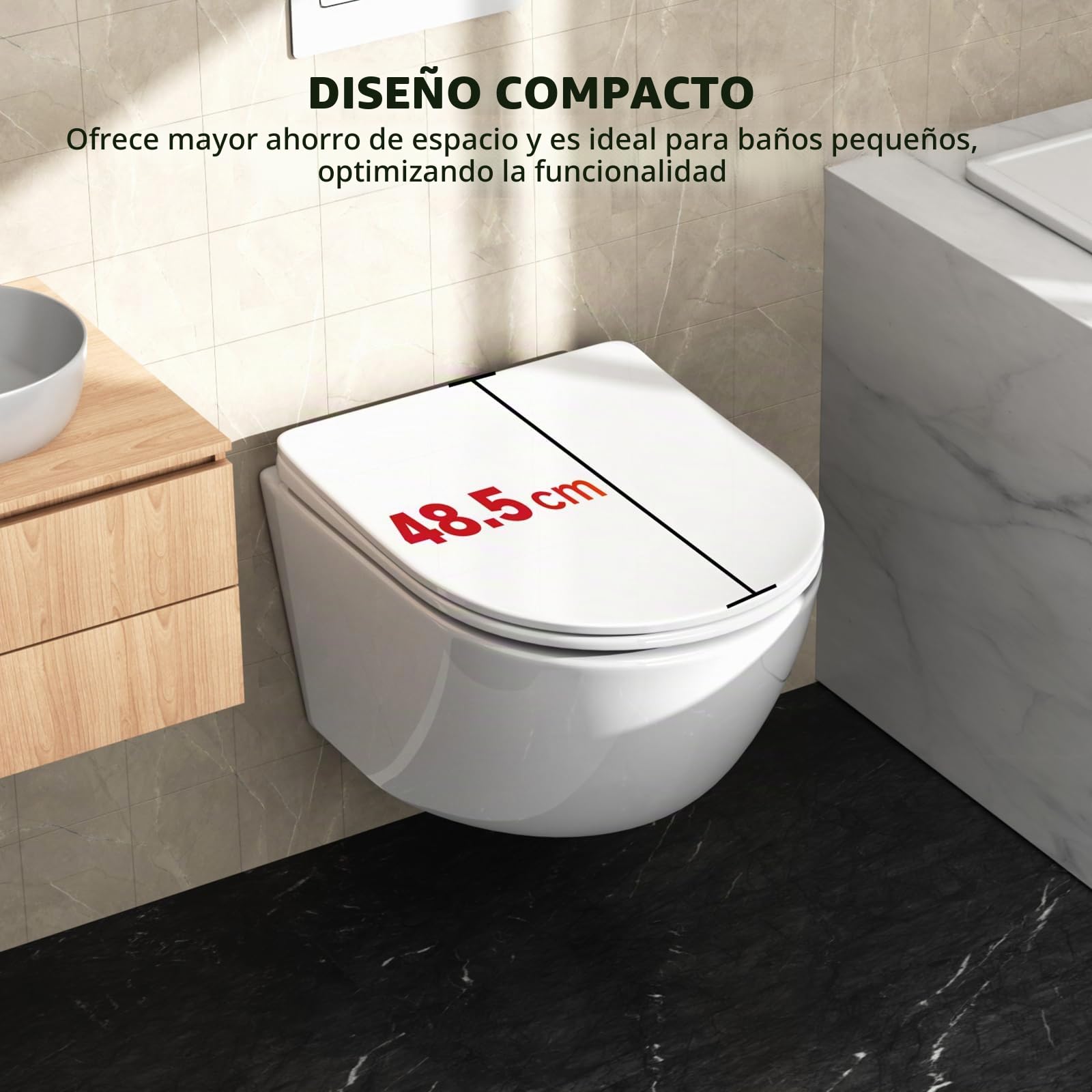 Rainsworth Inodoro de pared sin borde - Inodoro colgante de potente descarga, con tecnología de descarga eficiente, taza de inodoro incluida con asiento de descenso automático y sujetador rápido