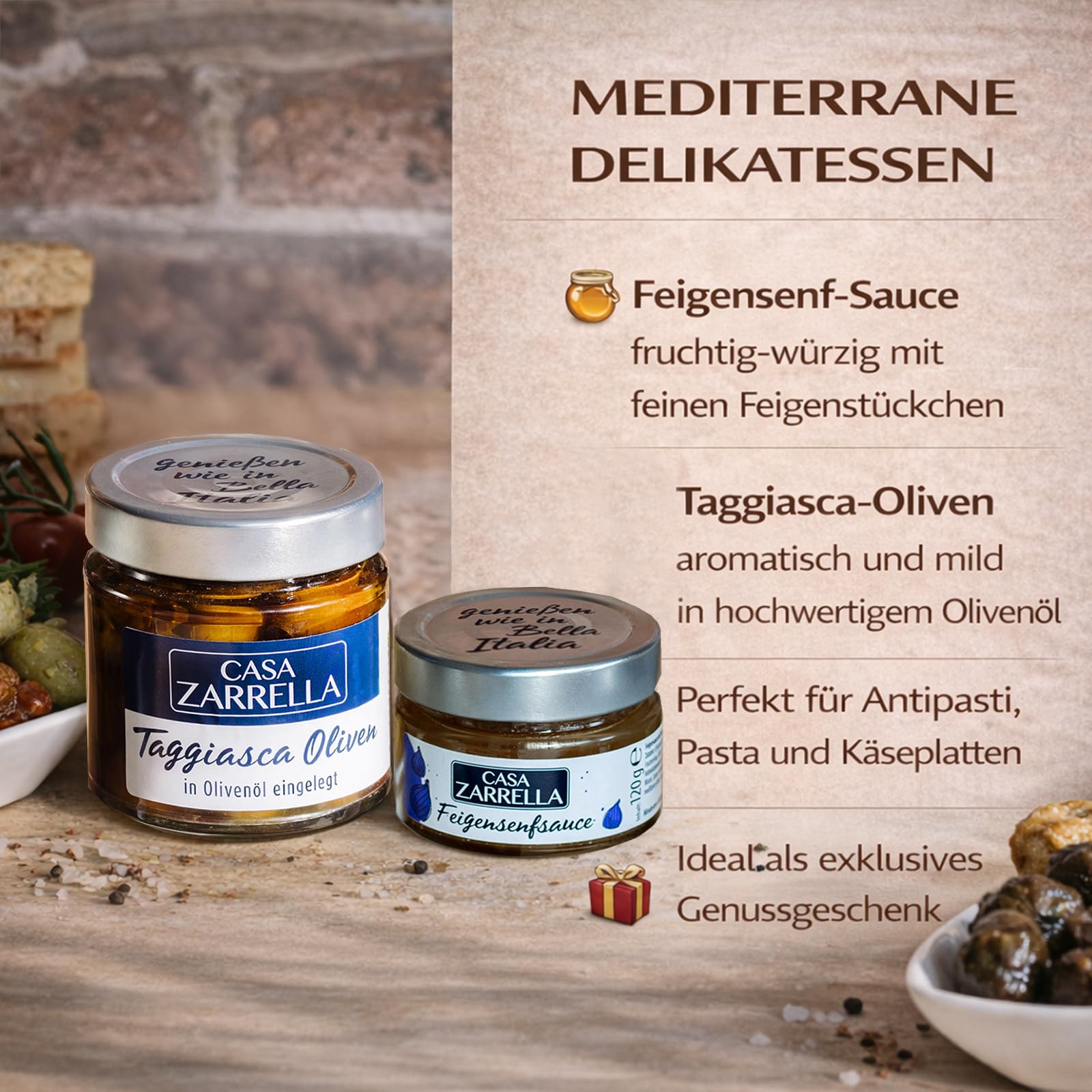 Casa Zarrella Romantik-Box für Genießer mit Alkohol – Romantische Antipasti Geschenkbox mit 6 italienischen Spezialitäten & 2 Aperitif-Drinks