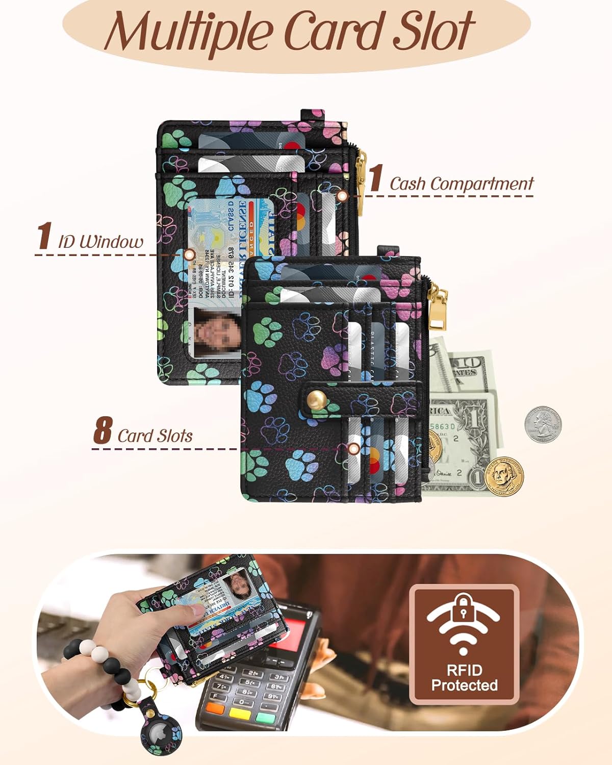 Wallet Keychain Wristlet for Women with AirTag Holder - Cute Design Credit Card Holder Wallets Key Chain Ring Slim Small RFID Air Tag Coin Pocket Purse for Ladies Teen Girls Female,Dog Claw - Image 4