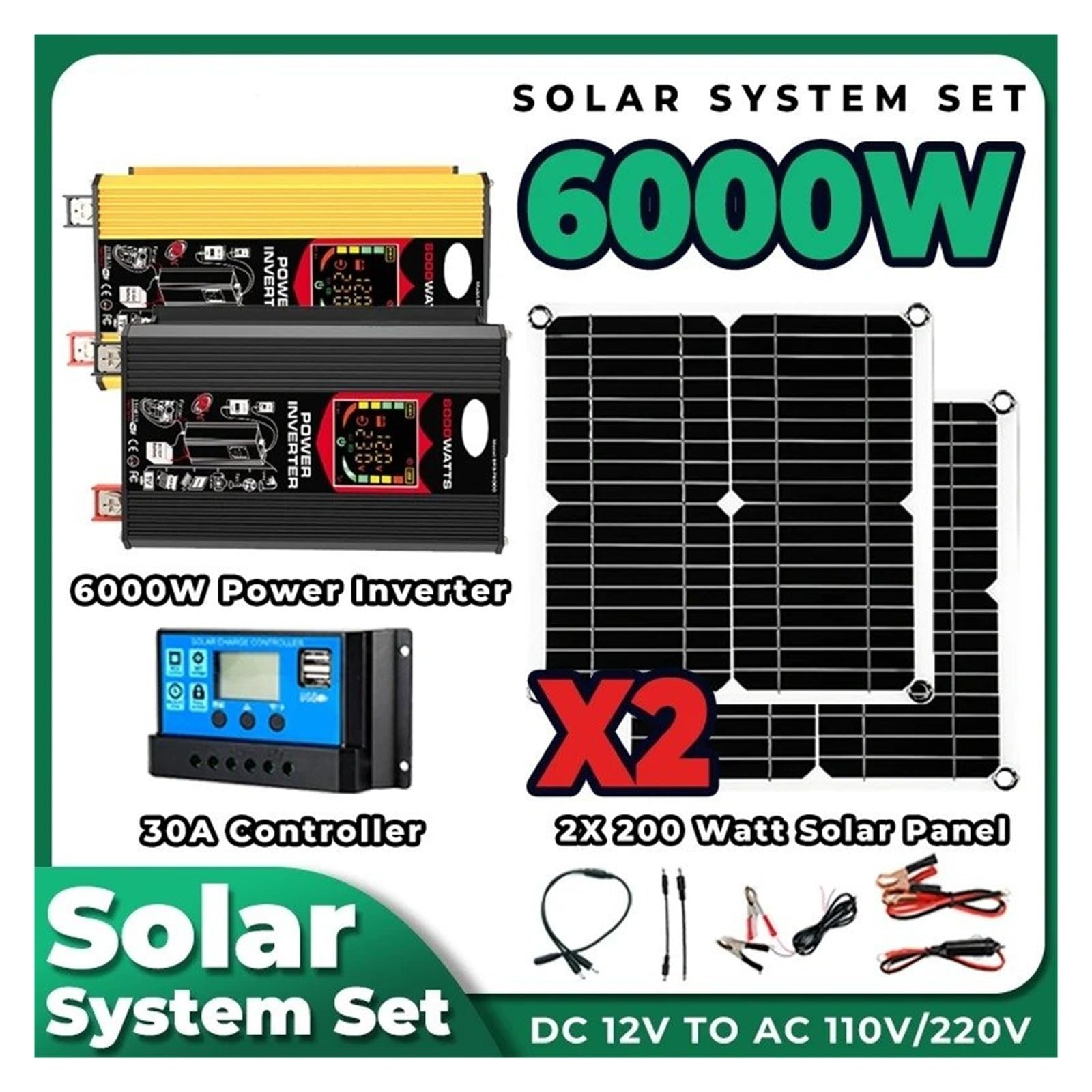 Inversor Potencia Conjunto Completo Inversor Doméstico 6000W 220v 30A Controlador 200W Panel Solar Generador Portátil Kit Fotovoltaico Camping para Coche Convertidor