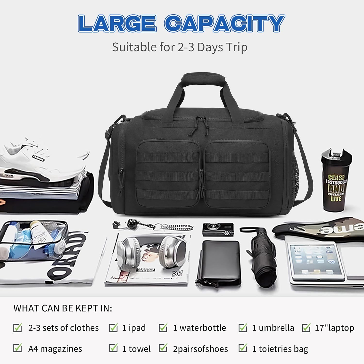 Wotony Tactical Duffle Bag for Men, Duffle Bag for Gym, Travel - Military Weekender Workout Molle Bag (Dark gray, 35L) - Image 9