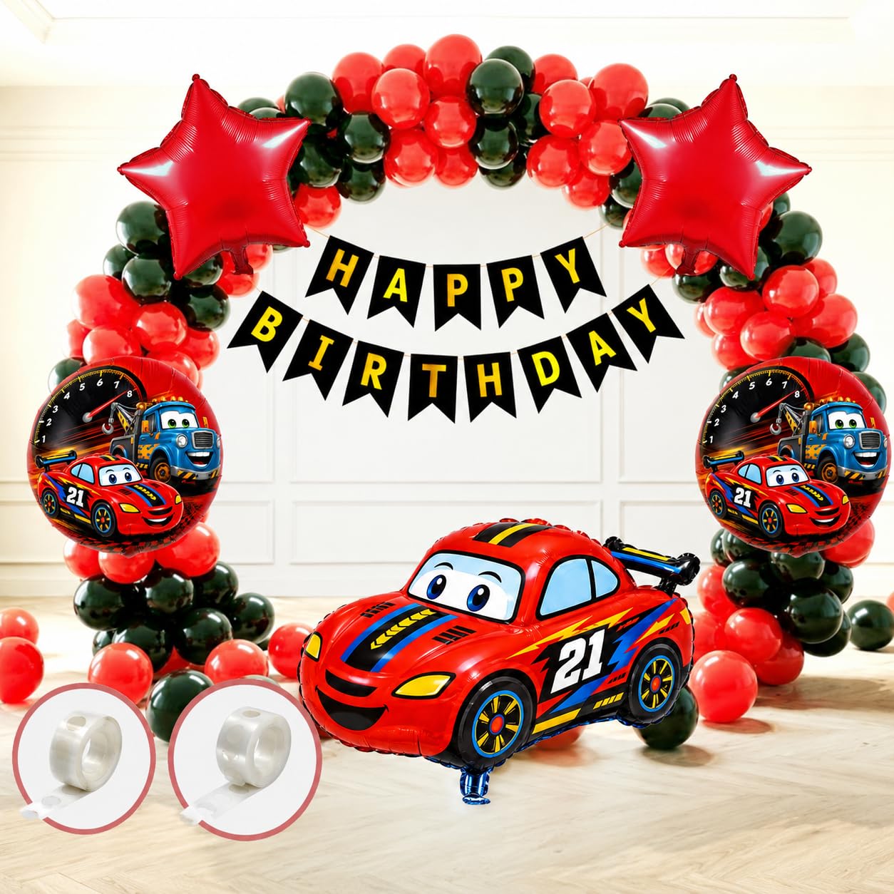 Propsicle Racing Car Theme Birthday Party Decoration Kit For Boys, 104 Pieces, Black and Red Balloons with Black Fishtail Paper Banner-image-23