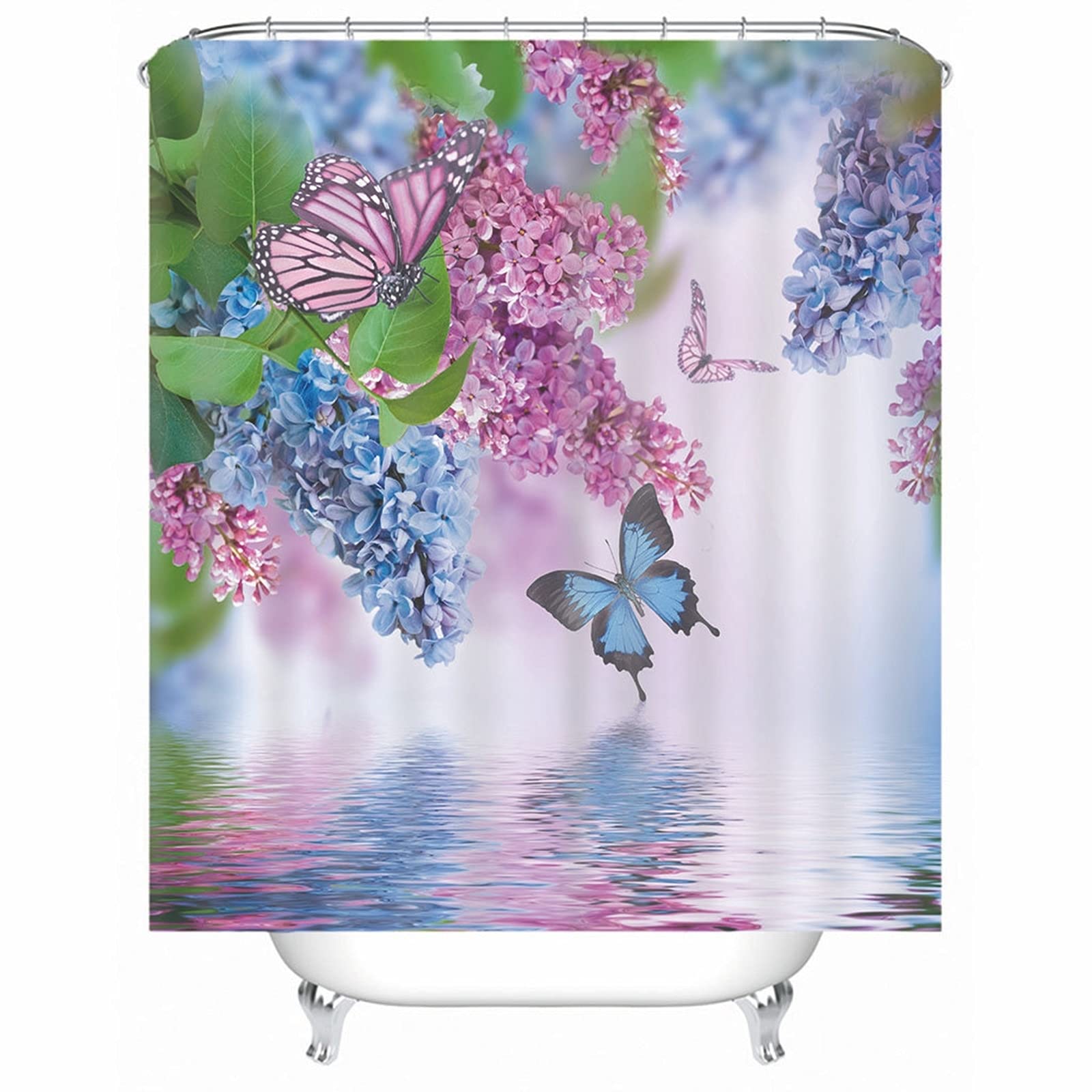 Tenda Doccia Antimuffa Blu Impermeabile & Lavabile Tende Bagno Finestra Poliestere con Ganci Tenda da Doccia Farfalle Fiori, 180x180cm