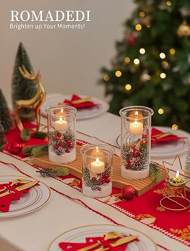 Miniatura 2 de Romadedi Portavelas de Navidad para centro de mesa, juego de 3 portavelas de cristal con adornos de Navidad, soportes votivos transparentes