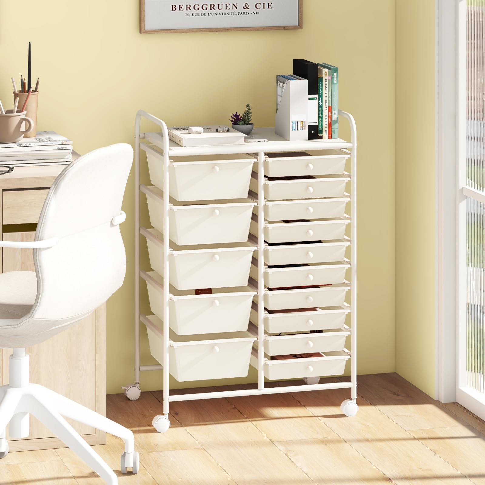 GOPLUS Carrito Auxiliar con 15 Cajones y Ruedas Giratorias Bloqueables, Carro de Almacenaje con Estructura de Acero, Carrito de Utilidad para Oficina Casa, 62.5 x 37 x 87 CM (Blanco)