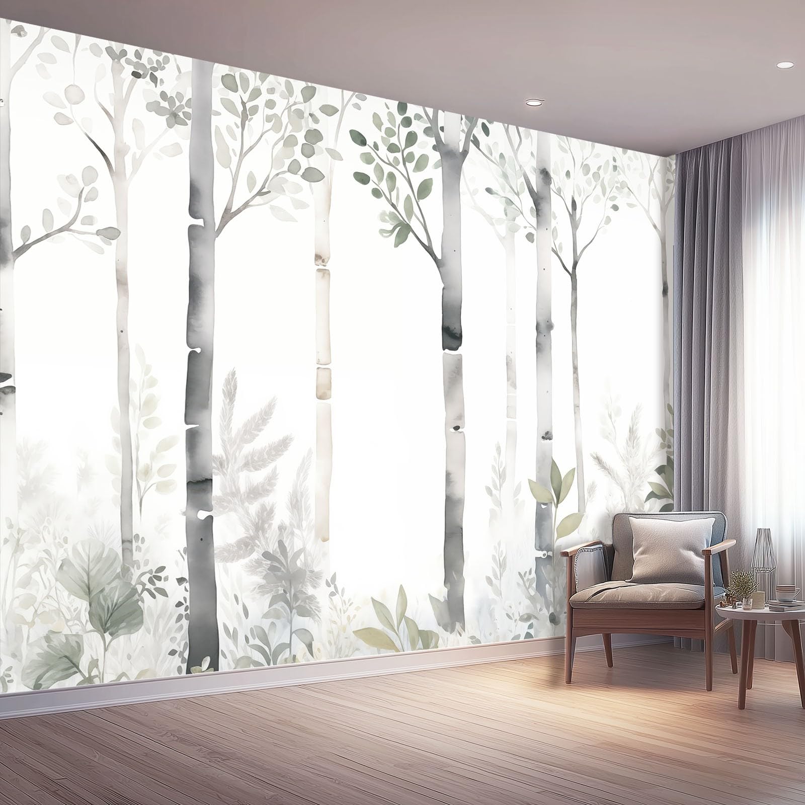 Akwarela Tapeta Ścienna 400 x 280 cm - Brzozowy Las Rośliny Tapeta Szary Sztuka Mural Dekoracja Do Jadalni Salonów Pokojów Salonu Sypialni Biura Salon