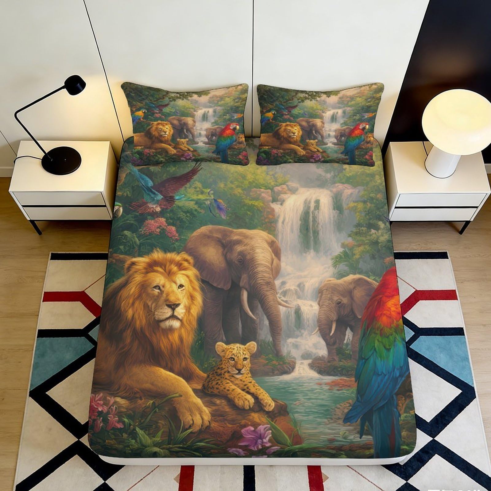 3D Printed Jungle Animal Fitted Sheet Microfiber Soft Breathable Waterfall Bed Cover for Bedroom Dormitory Guest Room Mattress Protection Decor 180x200x25cm