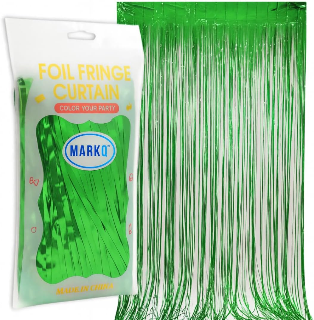 MARKQ Green Foil Fringe Curtain | 1 x 2-meter Metallic Tinsel Streamers Party Backdrop for Halloween, Baby Shower, Wedding, Eid, Graduation, Birthday Party Decorations [Pack of 1]