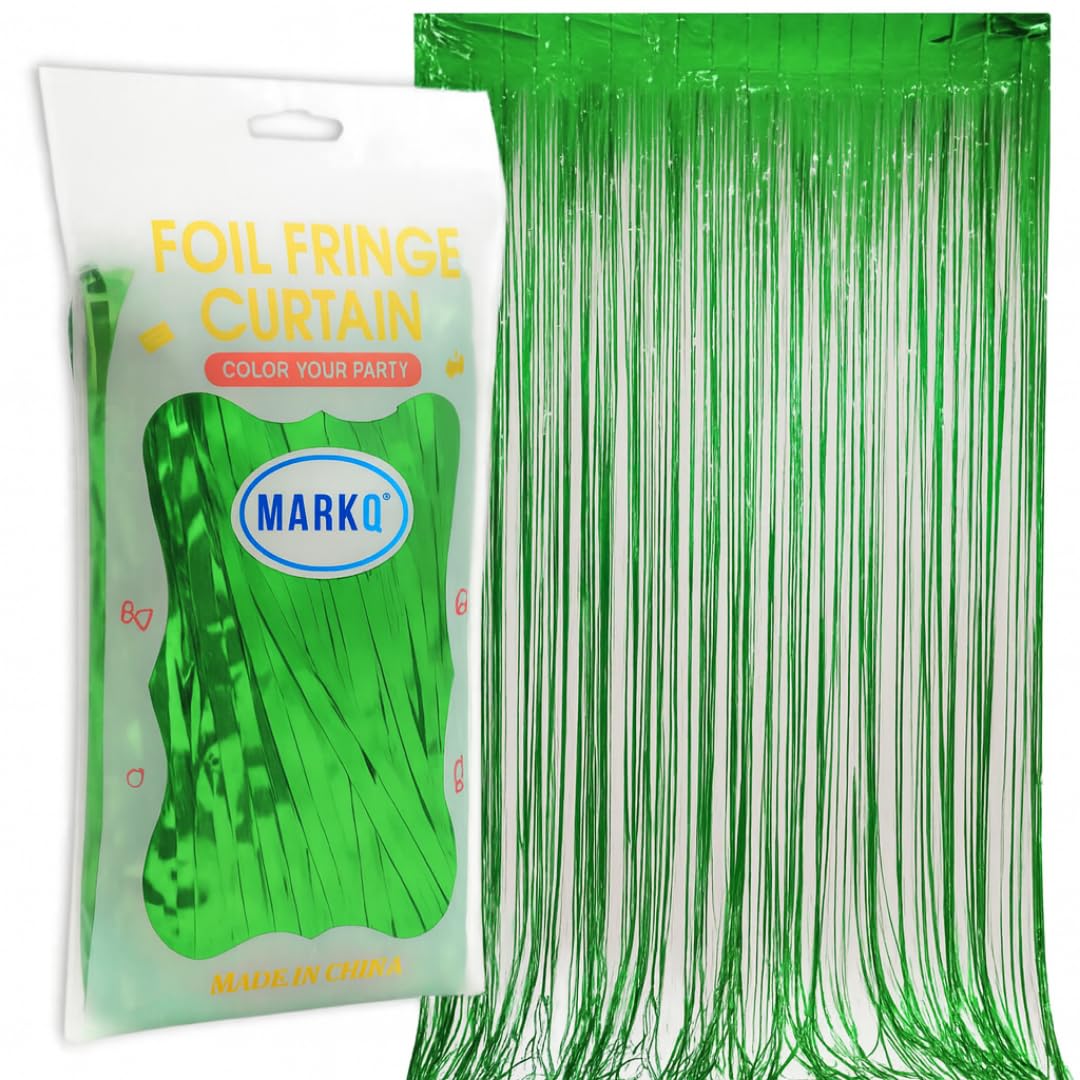 MARKQ Green Foil Fringe Curtain | 1 x 2-meter Metallic Tinsel Streamers Party Backdrop for Halloween, Baby Shower, Wedding, Eid, Graduation, Birthday Party Decorations [Pack of 1]