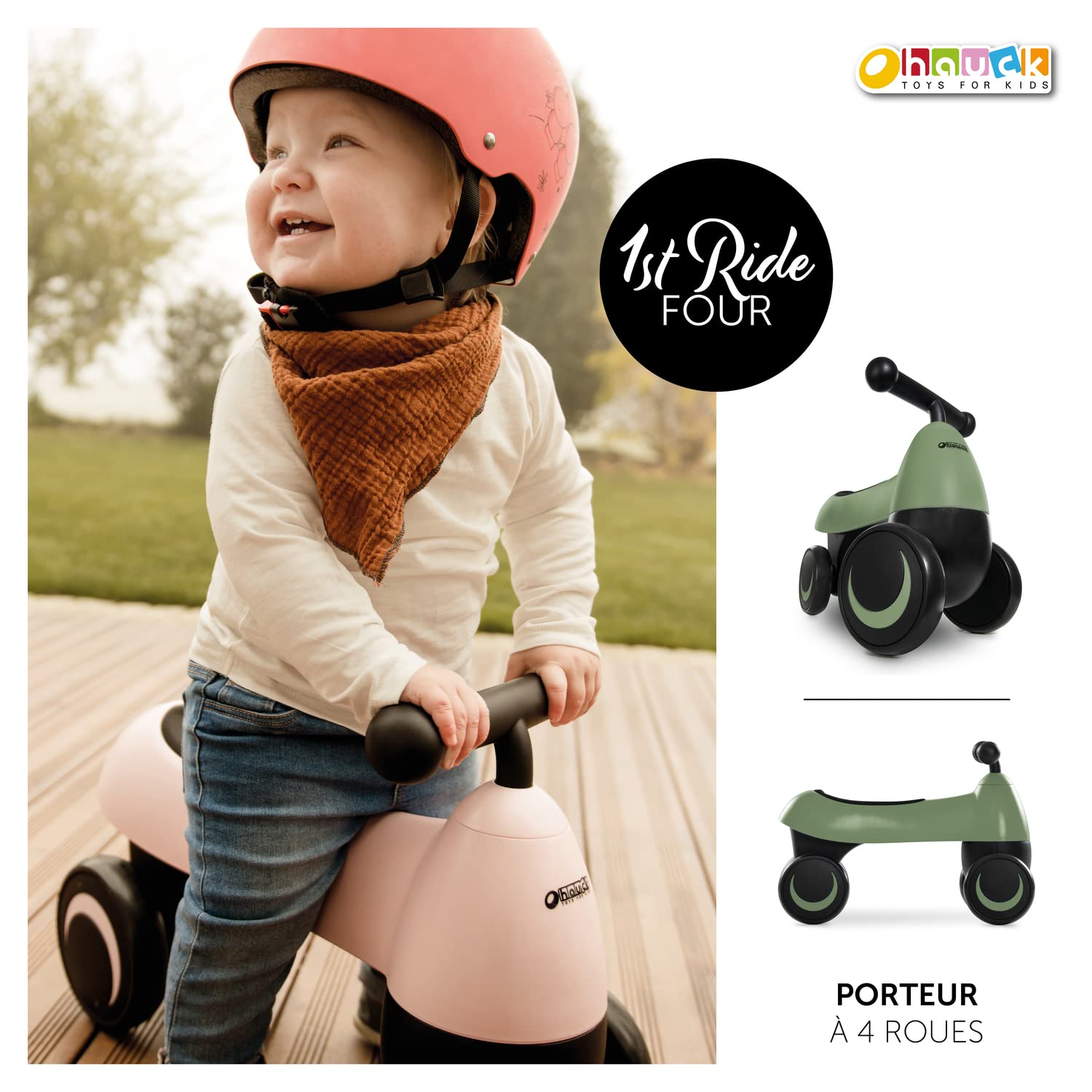 hauck Draisienne et Porteur Bebe 1st Ride Four, Jouet Enfant 18 Mois+, Vélo Sans Pédales, 4 Roues EVA, Ergonomique, Antichute, Développe l'Équilibre, Indoor et Outdoor - Vert