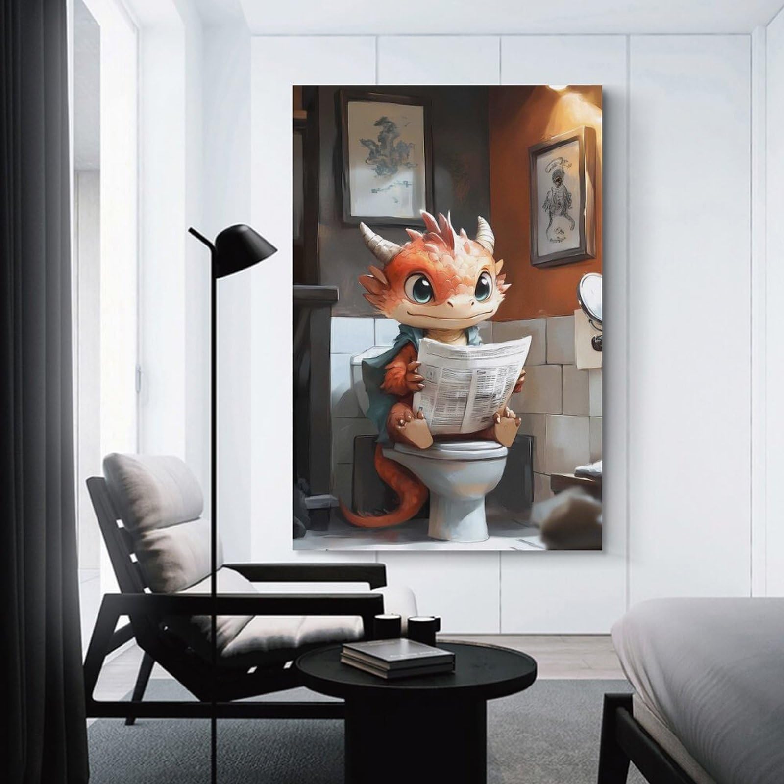 Junmoney Dragon Reading on Toilet Wall Art Print 12x18inch(30x45cm), for Living Room, Bedroom Or Home Office, Thoughtful Wall Decor for Art Lovers