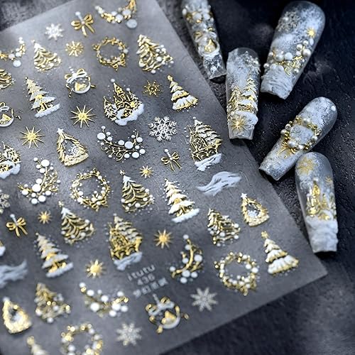 Adhesivos de uñas navideños de vacaciones 5D en relieve con diseño de árbol de Navidad y castillo, dorados, con copo de nieve y arco, plateados,