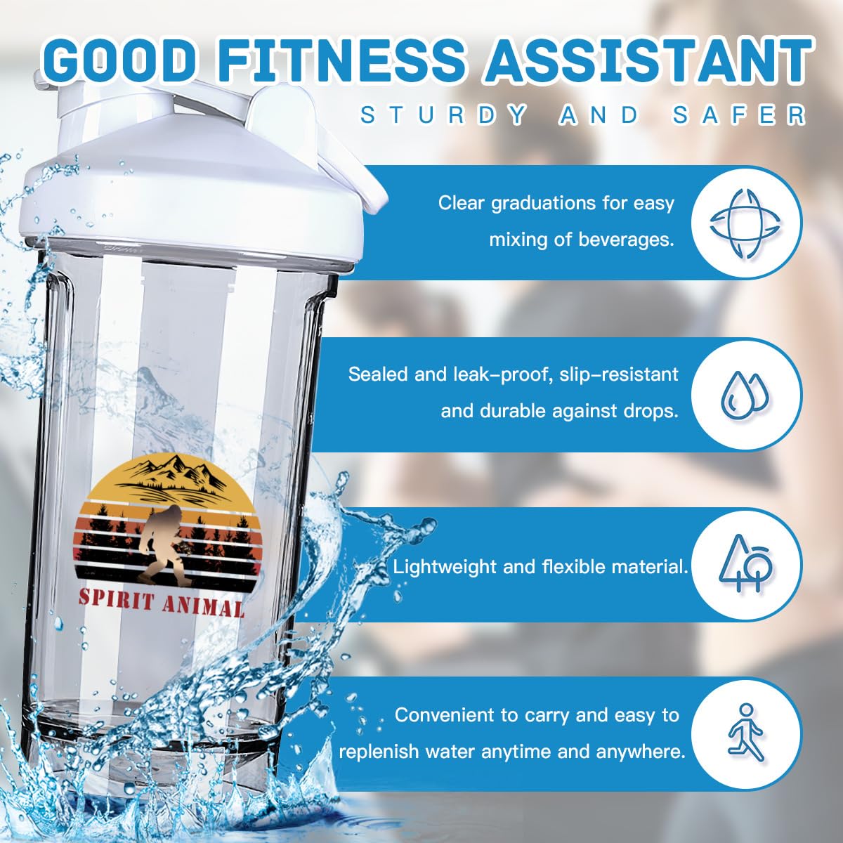 Sasquatch Bigfoot is My Spirit Animal 1 18 Ounce Shaker Bottle Drink Mixer Leak-proof Pre Workout Protein Shakes Meal Replacement Shakes Bottles 500ML/18 Oz White