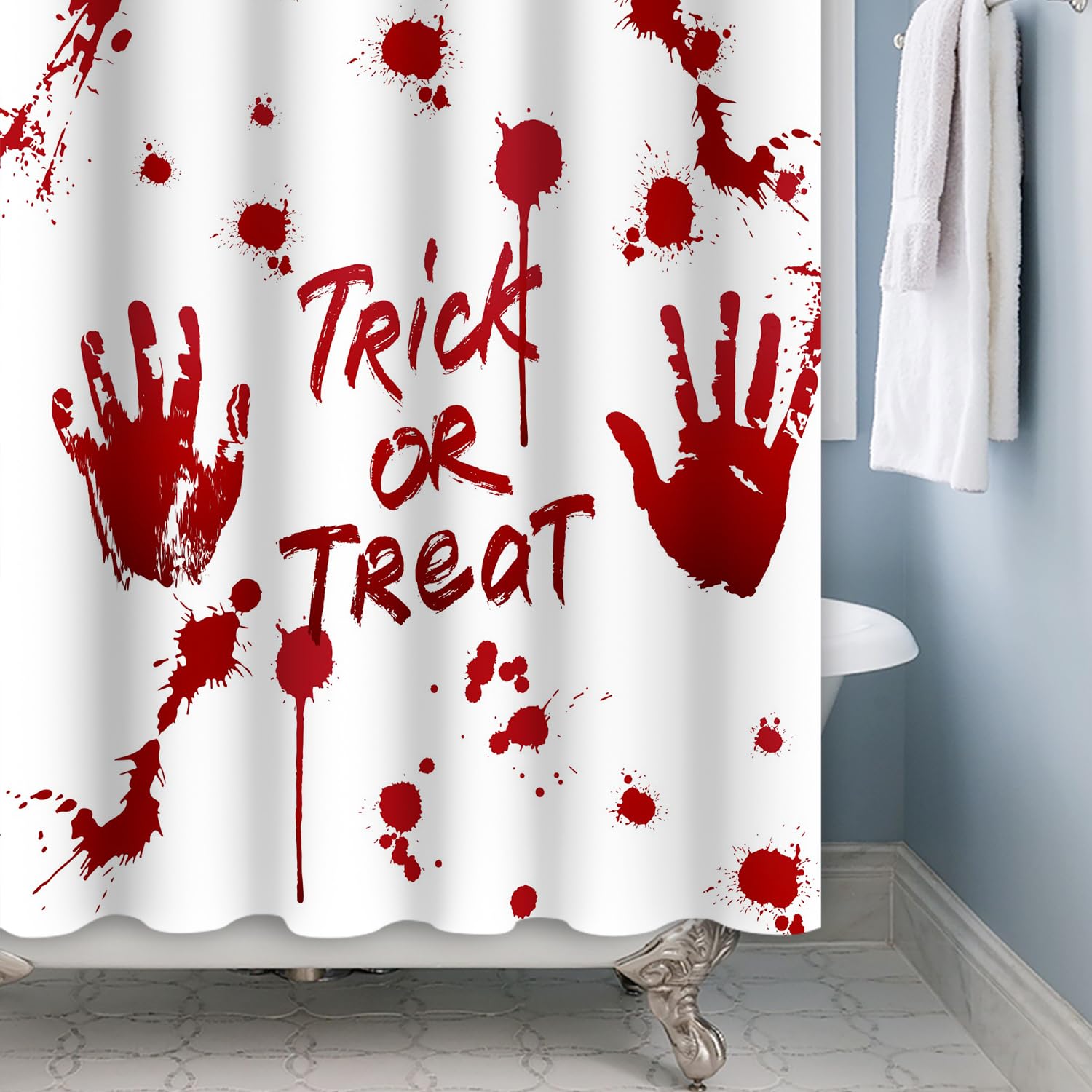 SDOTPMT 120x180cm Trick or Treat Shower Curtain Creepy Horror House Bloody Handprint White Bath Curtain Halloween Themed Bathtub Curtain for Bathroom Decor Polyester with Hooks - Image 2