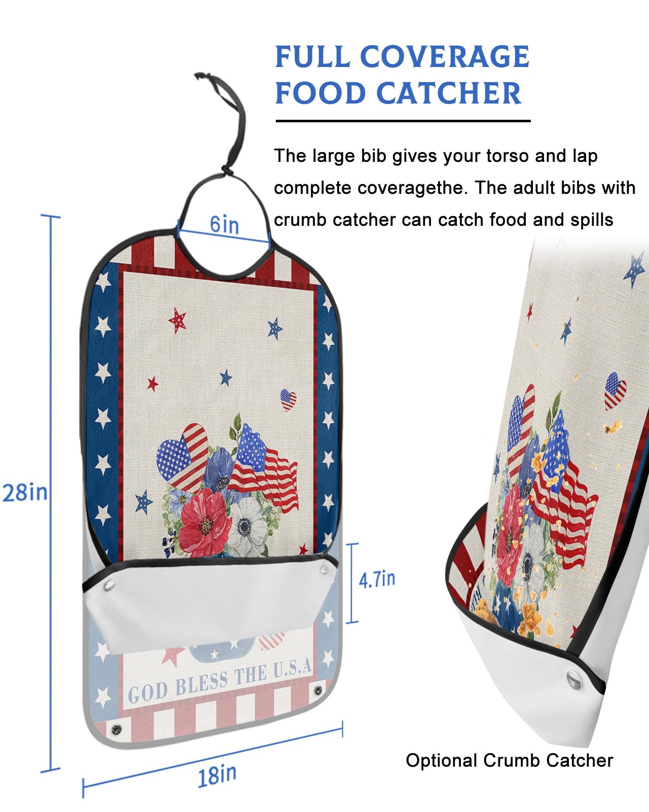 Kewadony Adult Bibs for Elderly Women - 4th of July Floral Vase Waterproof Dining Clothing Protectors with Crumb Catcher for Eating/Feeding, Independence Day American Flag Star Terry Cloth Bib