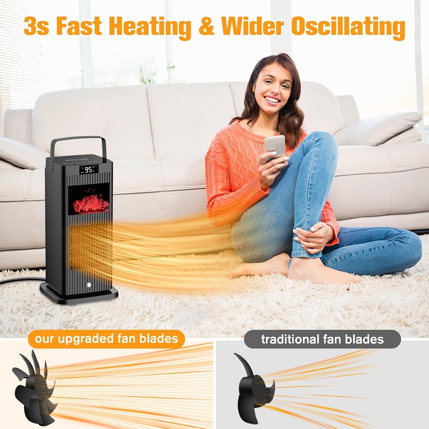 Electric Heater 2023 Upgraded, Portable Heater with Fireplace Flame Effect & Infrared Sensor, 1500W Low Energy Oscillating PTC Space Heater, Fast Heating for Indoor Use, Bedroom, Office, Desk, Garage