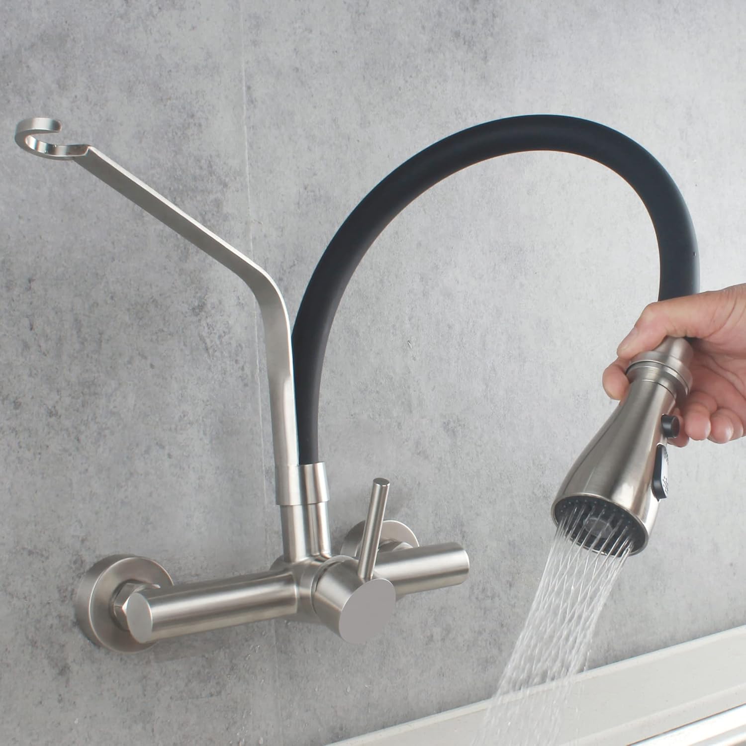 Wall Mount Commercial Kitchen Faucet with Pull Down Sprayer 8 Inch Center Stainless Steel Brush Nickel Restaurant Laundry Utility Sink Faucet 3 Functions SSKF17-2DC