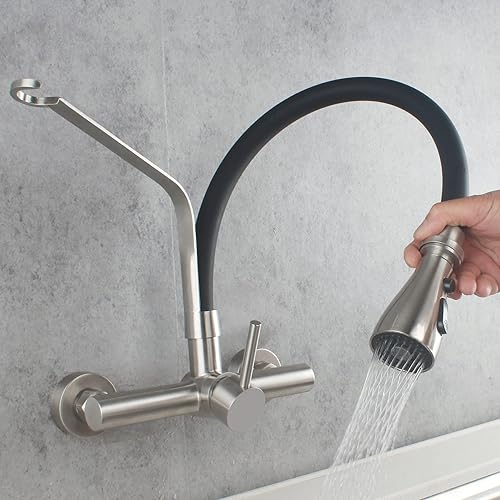 Miniatura 3 de Grifo de cocina comercial de montaje en pared con rociador desplegable Centro de 8 pulgadas, cepillo de acero inoxidable, níquel para restaurante,