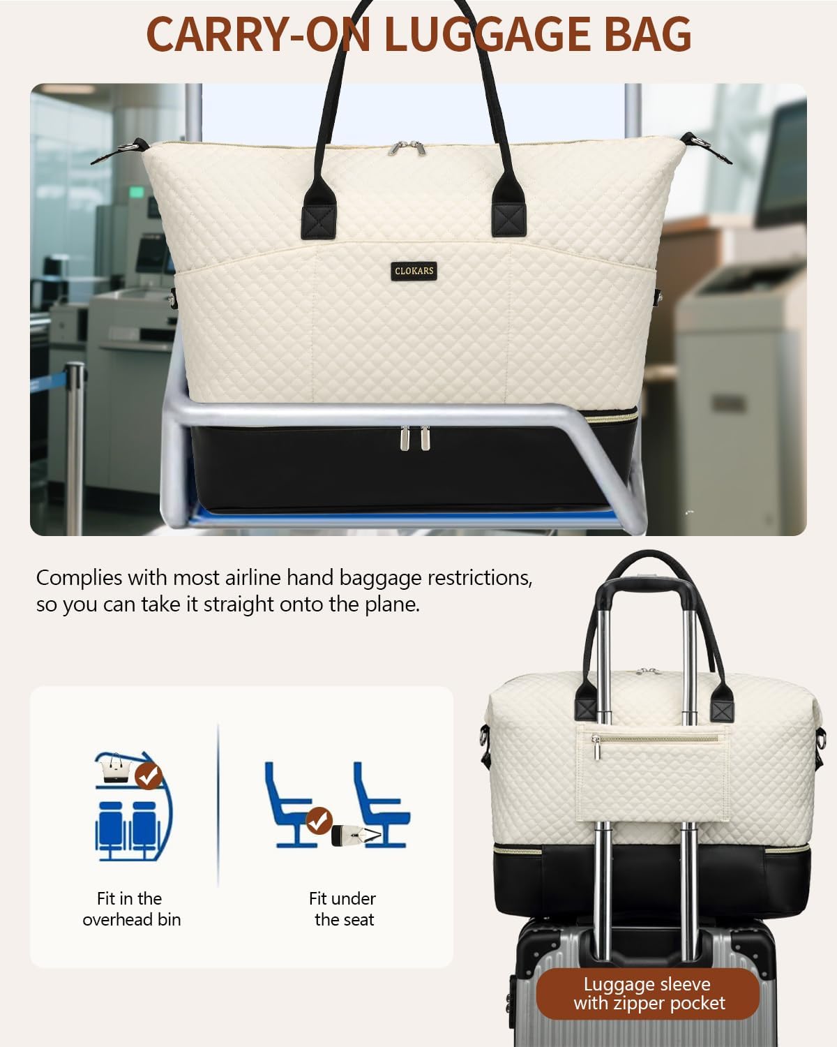 Travel Bag for Women, Weekender Bags Large Carry On Overnight Bag Duffel with Separate Shoes Compartment & Strap, Hospital Bags for Labor and Delivery, Beige Black