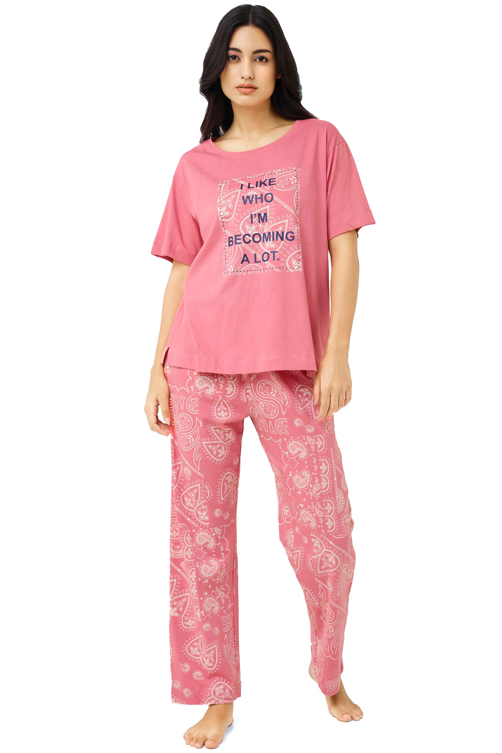 Night Suit for Womens Hearts Printed Cotton Drop Shoulder Top and Pajama Set 9404-image-14