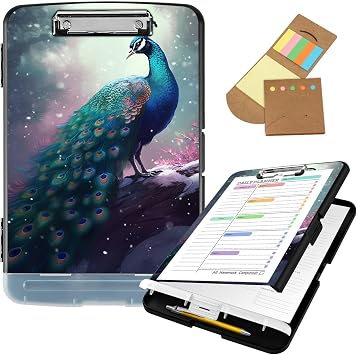 Clipboard with Storage,8.5x11 High Capacity Nursing Clipboards with Pen Holder and Low Profile Clip,A4 Plastic Storage Clipboard for Nurses,Teachers,Lawers,Peacock
