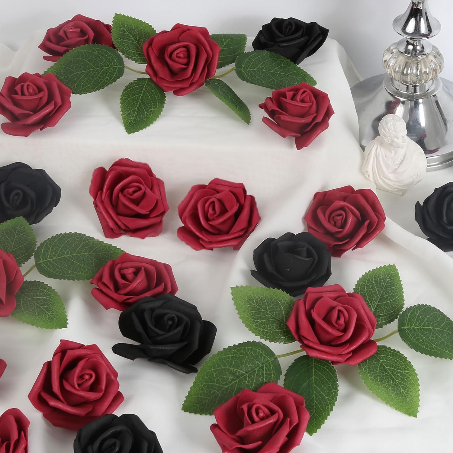 100pcs Burgundy Artificial Rose Flower Heads, 3inch Black Foam Roses Bulk Stemless Fake Flower Heads for DIY Crafts,Cake Decoration Wedding,Baby Shower Flower Centerpieces(Black,Burgundy)