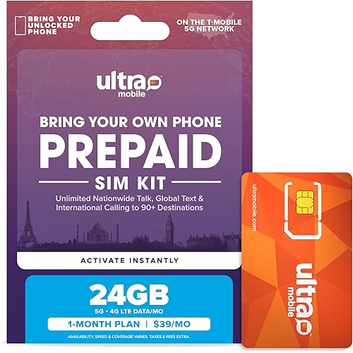 $39/mo. Ultra Mobile Prepaid Phone Plan with Unlimited Talk, Text, & 24GB of 5G • 4G LTE Data for 1 Month (3-in-1 SIM Card Kit)